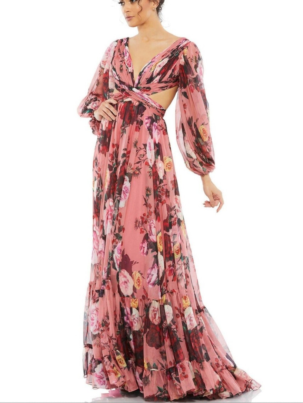 Mac Duggal Pink Floral Maxi Dress with Cutout and Balloon Sleeves